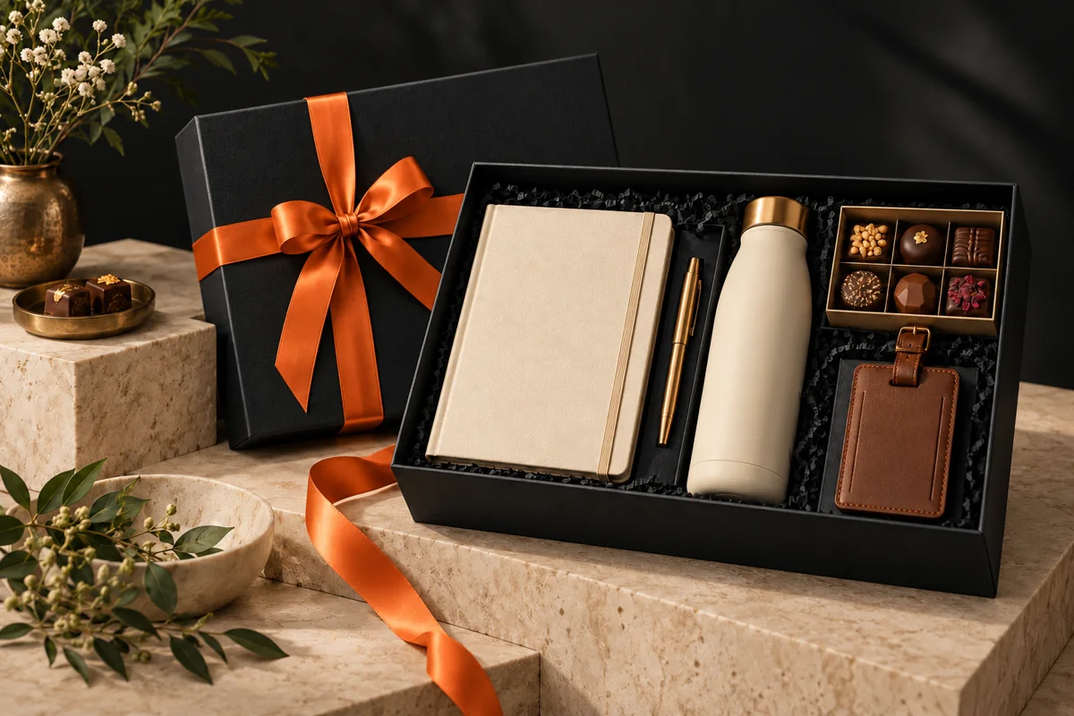 Illustrative corporate gift presentation with a notebook, bottle and personalised accessories